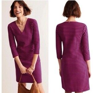 Boden Bronte Ottoman V-Neck Pink Navy Ribbed Shift Dress Sz 6R Minimalist Chic